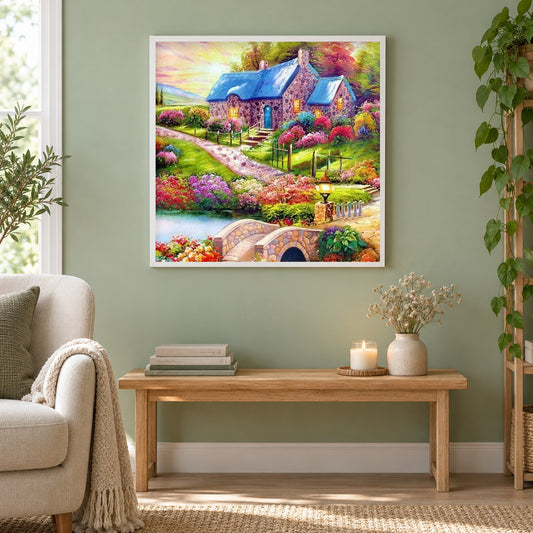 Bunter Garten als gerahmtes Diamond Painting im Wohnzimmer