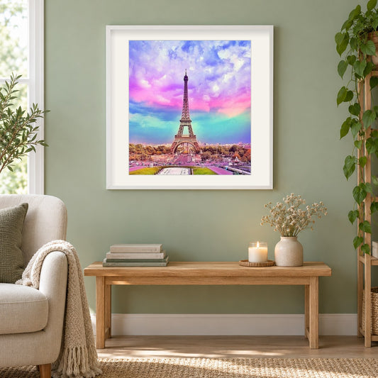 Bunter Himmel & Eiffelturm als gerahmtes Diamond Painting im Wohnzimmer