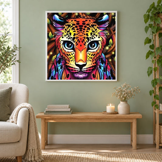 Bunter Leopard als gerahmtes Diamond Painting im Wohnzimmer