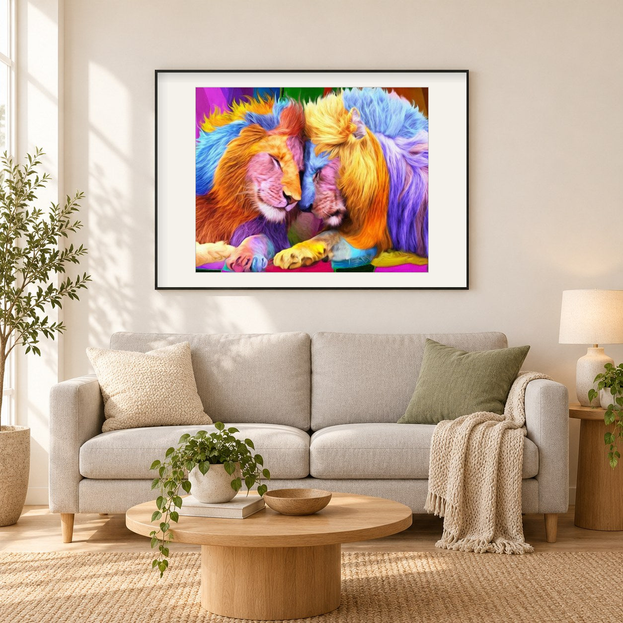 Bunter Löwe & Löwin als gerahmtes Diamond Painting im Wohnzimmer