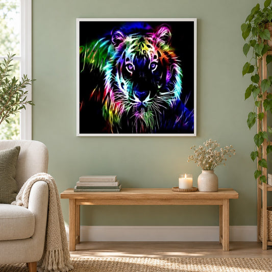 Bunter Neontiger als gerahmtes Diamond Painting im Wohnzimmer