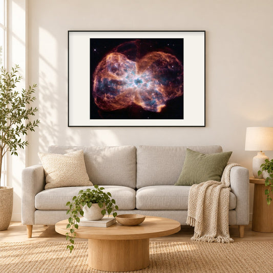 Bunter Untergang eines sonnenähnlichen Sterns als gerahmtes Diamond Painting im Wohnzimmer