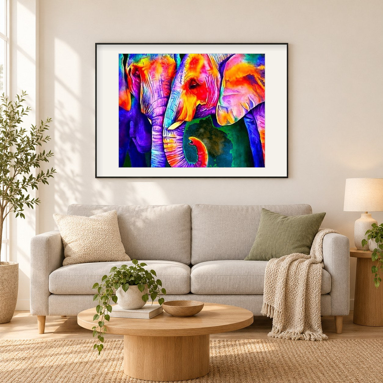 Buntes Elefantenpaar als gerahmtes Diamond Painting im Wohnzimmer