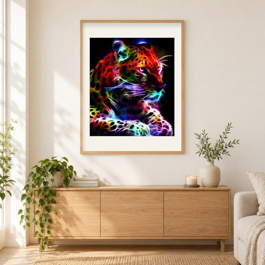 Buntes Neon-Leoparden als gerahmtes Diamond Painting im Wohnzimmer