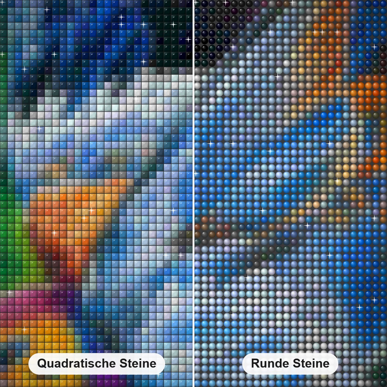 Buntes Taubenmalerei-Kit Diamond Painting Nahaufnahme mit quadratischen und runden Steinen