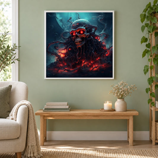 Brennender Schädel als gerahmtes Diamond Painting im Wohnzimmer