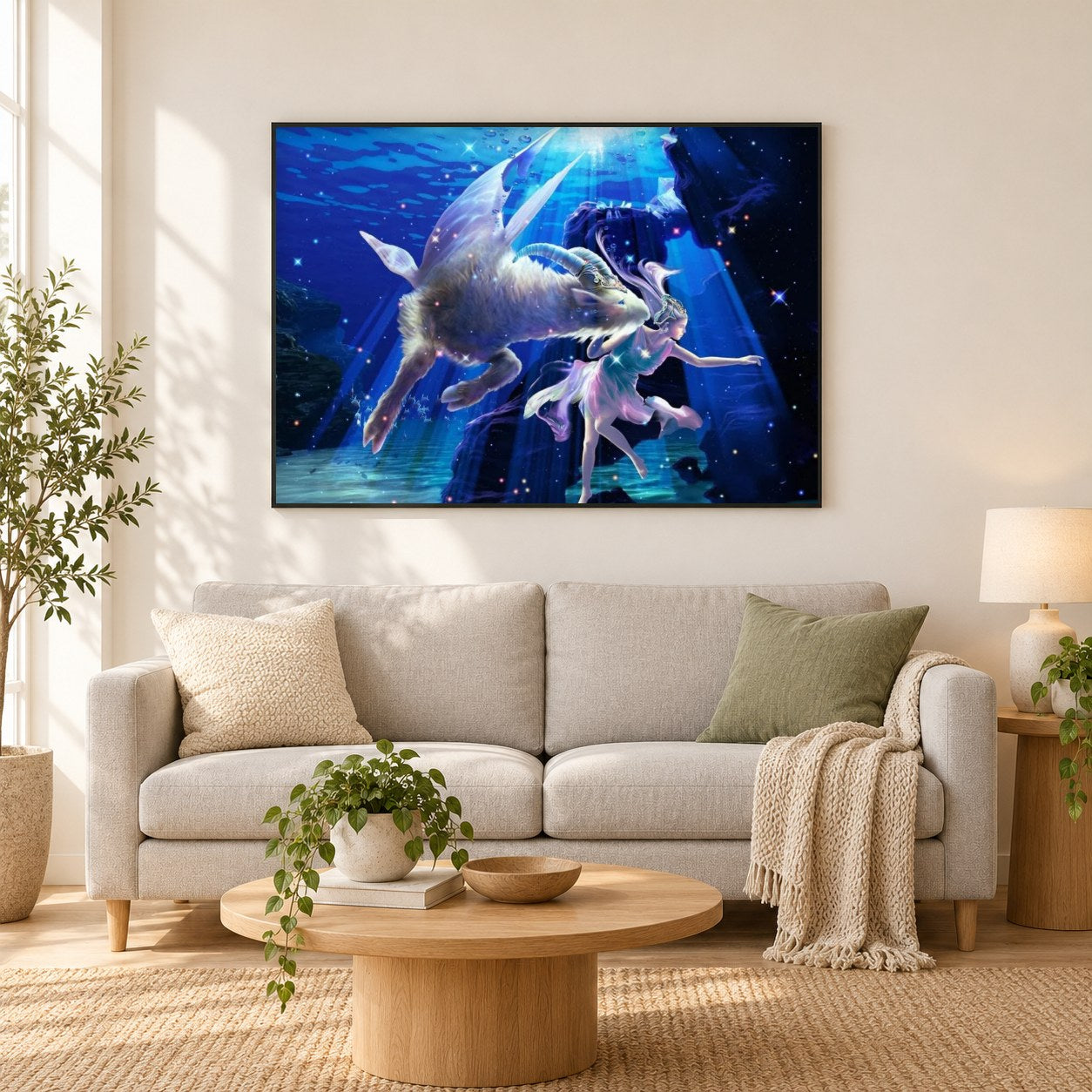 Capricorn Zodiac als gerahmtes Diamond Painting im Wohnzimmer