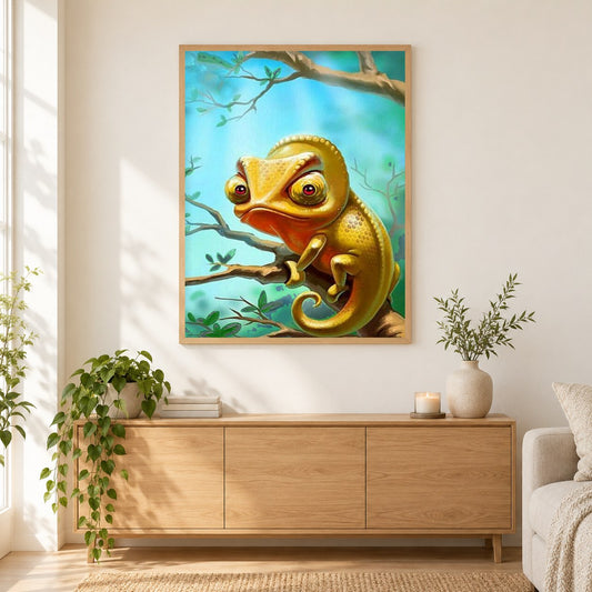 Cartoon Chamäleon als gerahmtes Diamond Painting im Wohnzimmer