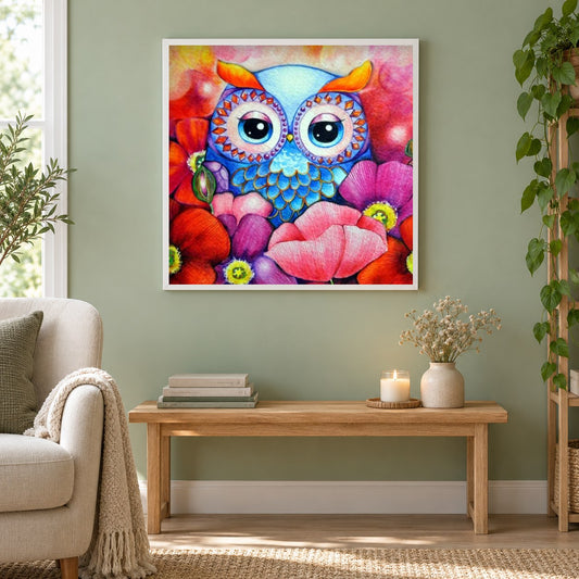 Cartoon Eule & Blumen als gerahmtes Diamond Painting im Wohnzimmer