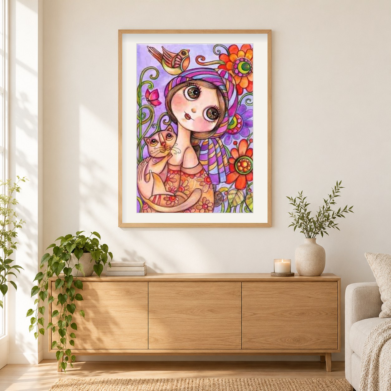 Cartoon-Mädchen mit großen Augen als gerahmtes Diamond Painting im Wohnzimmer