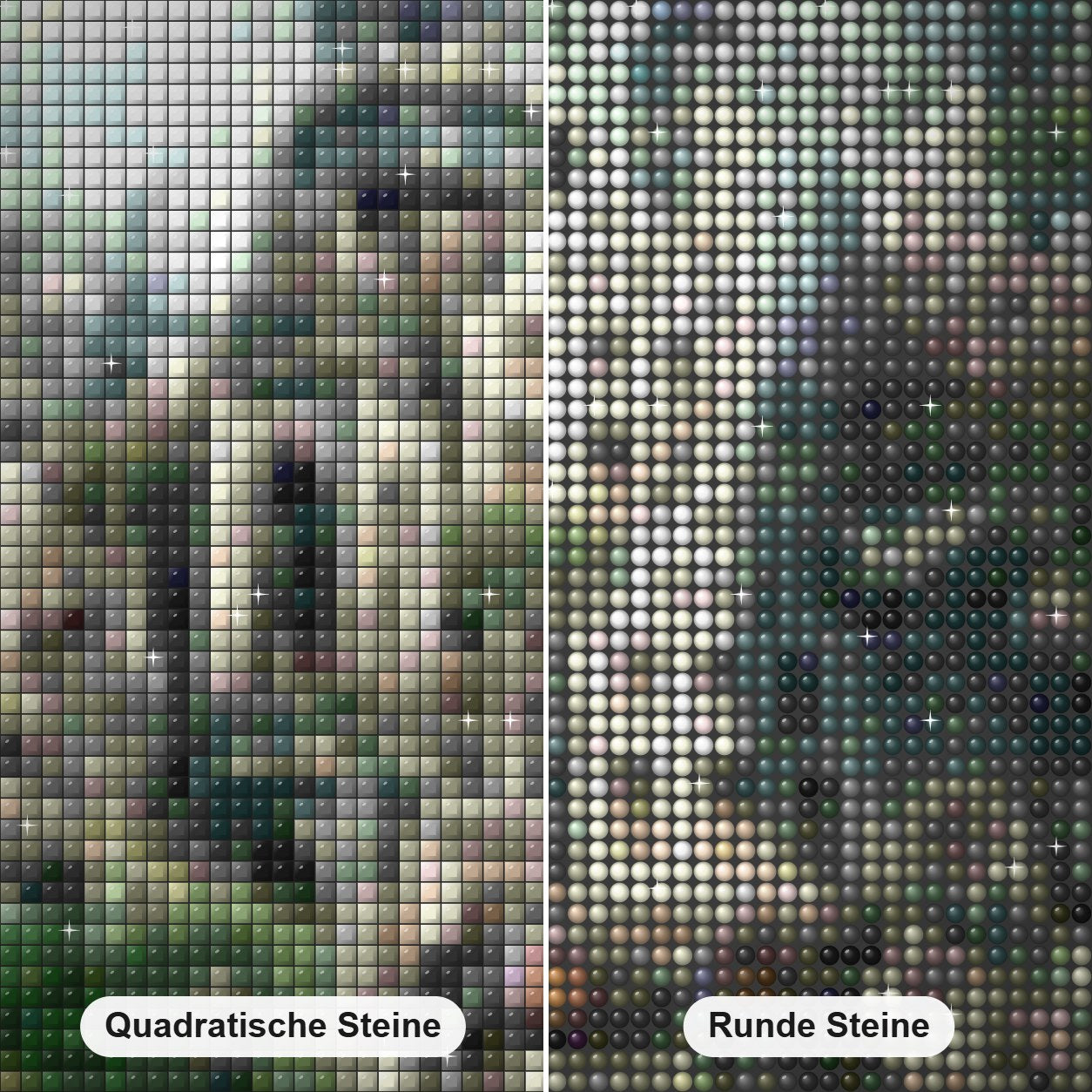 Schloss mitten im Wald Diamond Painting Nahaufnahme mit quadratischen und runden Steinen