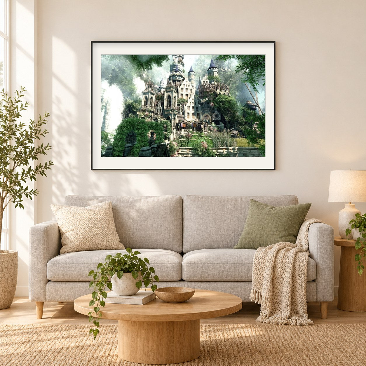 Schloss mitten im Wald als gerahmtes Diamond Painting im Wohnzimmer