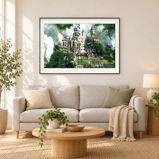 Schloss mitten im Wald als gerahmtes Diamond Painting im Wohnzimmer