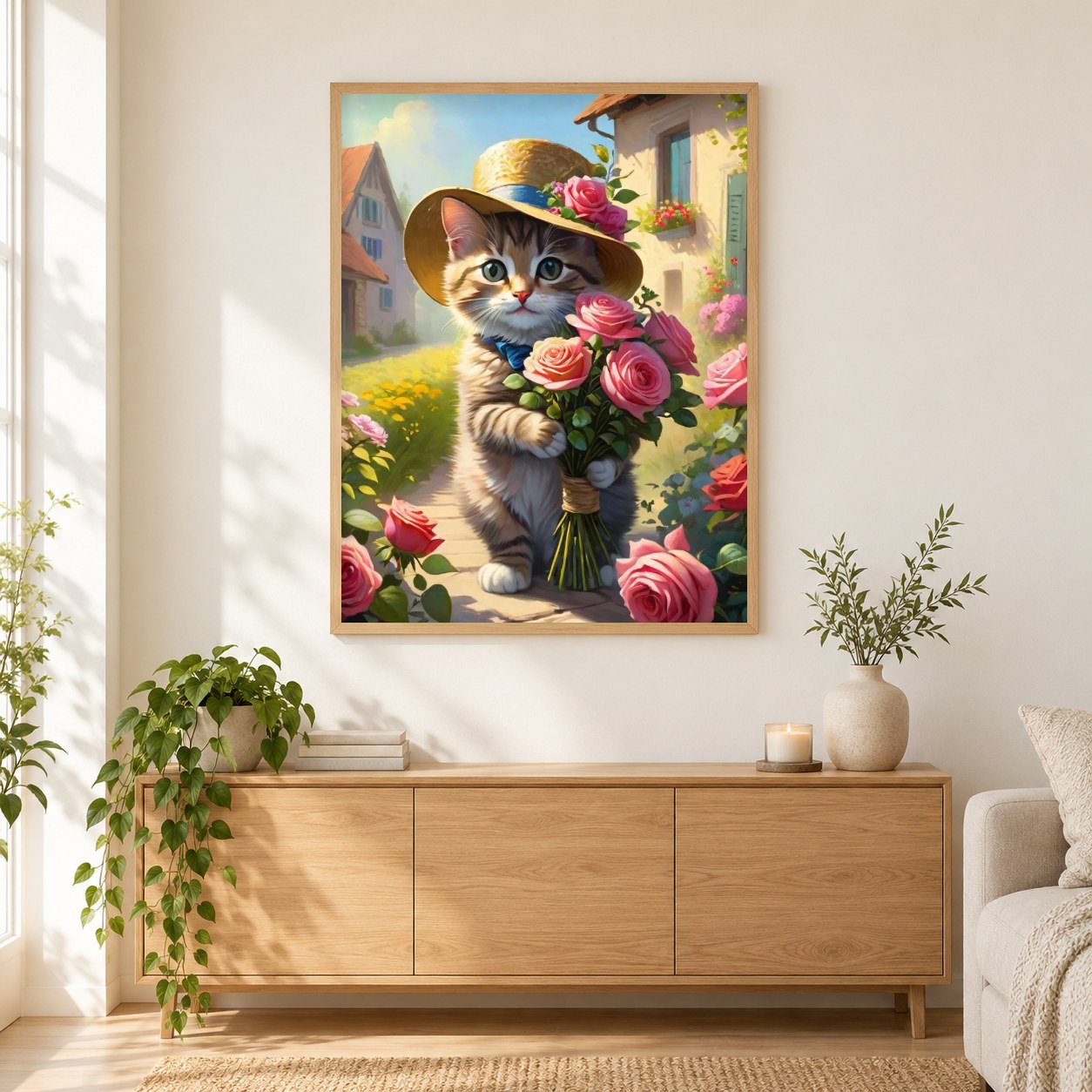 Katze erkundet Gartenwunder als gerahmtes Diamond Painting im Wohnzimmer