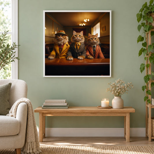 Katzen treffen sich zu einem schnurr-fekten Treffen als gerahmtes Diamond Painting im Wohnzimmer