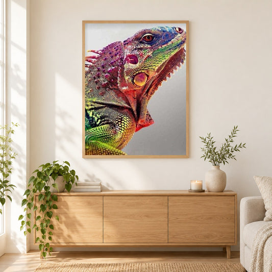 Chamäleon als gerahmtes Diamond Painting im Wohnzimmer