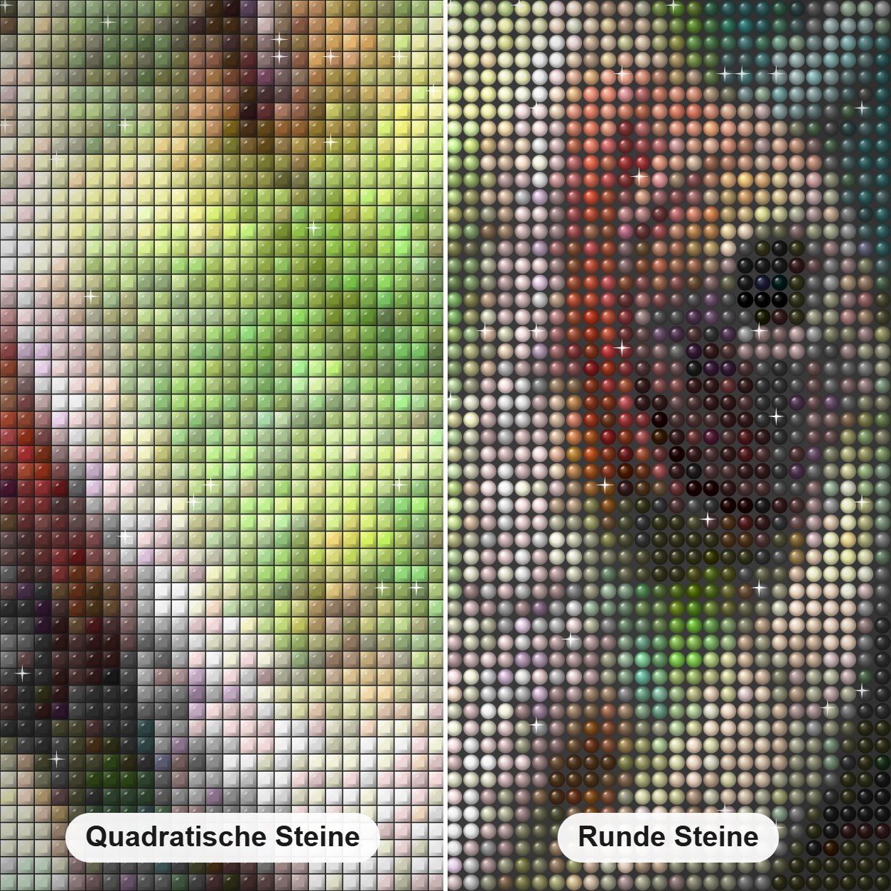 Chamäleon-Gesichtsfarbe mit Diamanten Diamond Painting Nahaufnahme mit quadratischen und runden Steinen