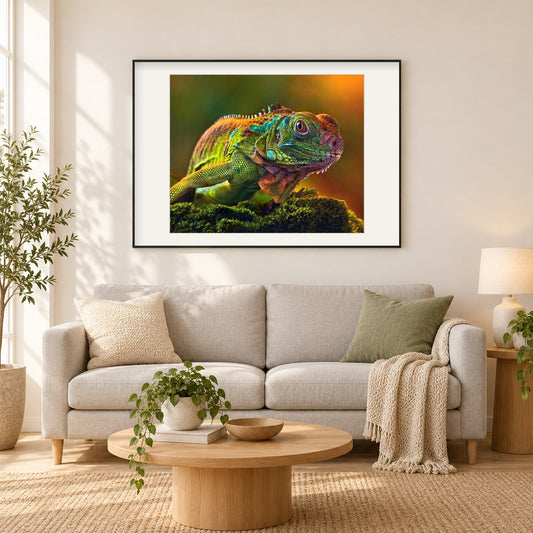 Chamäleon Nahaufnahme als gerahmtes Diamond Painting im Wohnzimmer