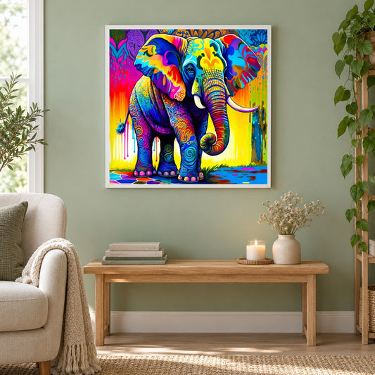 Bunter Elefant als gerahmtes Diamond Painting im Wohnzimmer
