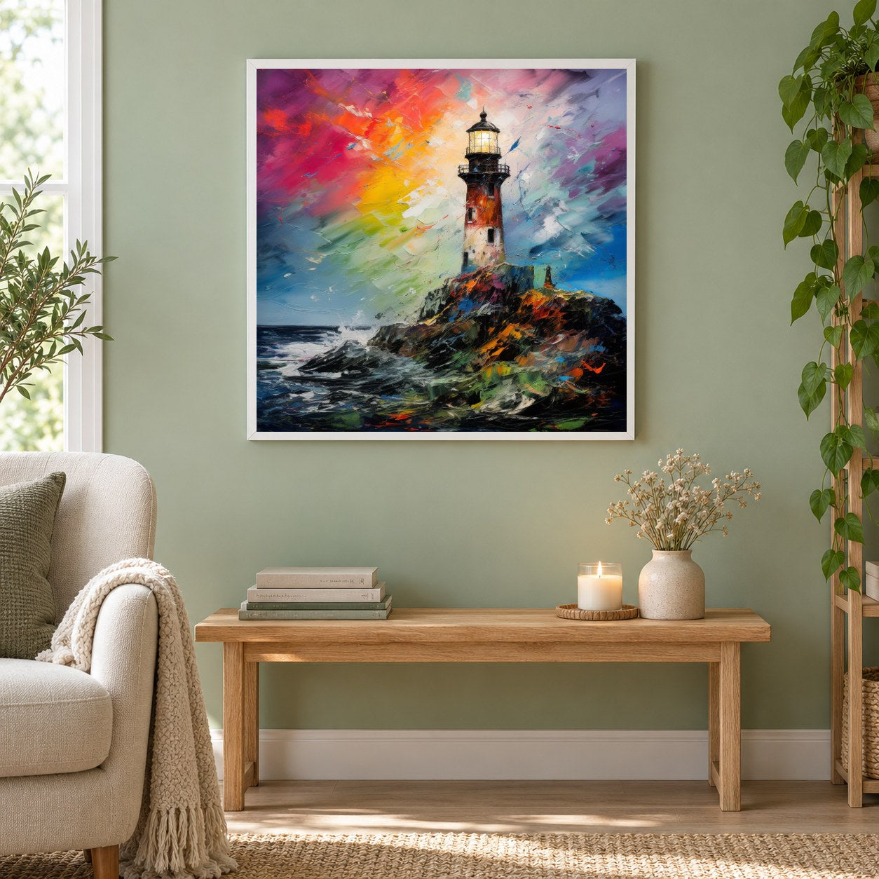 Buntes Leuchtturm als gerahmtes Diamond Painting im Wohnzimmer