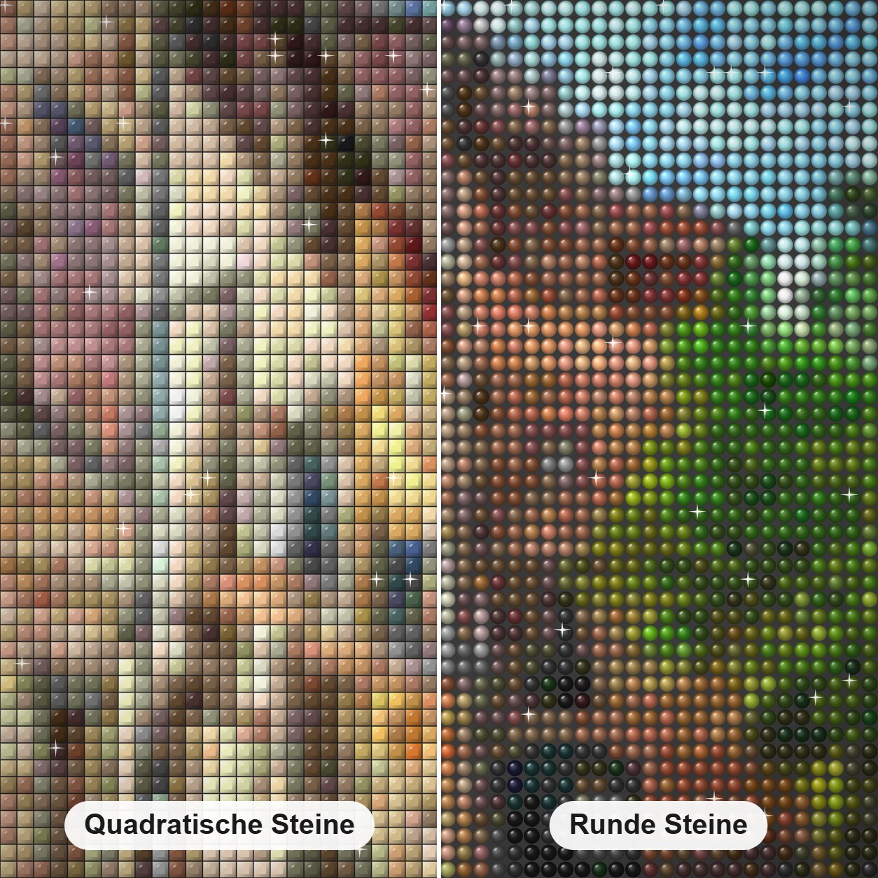 Bunte Dorfstraße - Kunst des Denise Dundon Diamond Painting Nahaufnahme mit quadratischen und runden Steinen