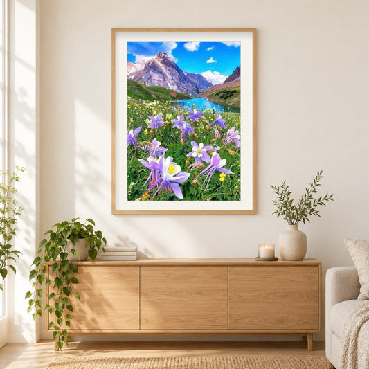 Columbine Blume in den Bergen als gerahmtes Diamond Painting im Wohnzimmer