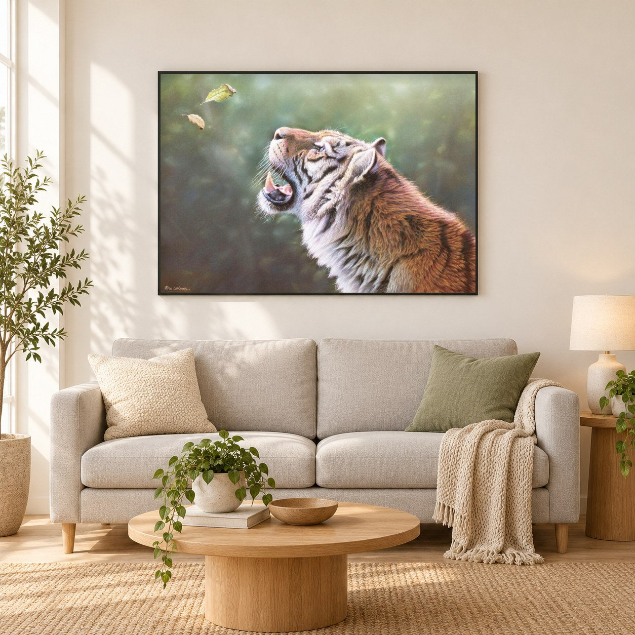 Neugier-  Kunst des Eric Wilson als gerahmtes Diamond Painting im Wohnzimmer