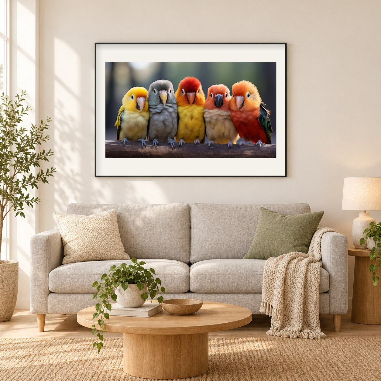 Süße Papageien Diamond Paintings als gerahmtes Diamond Painting im Wohnzimmer