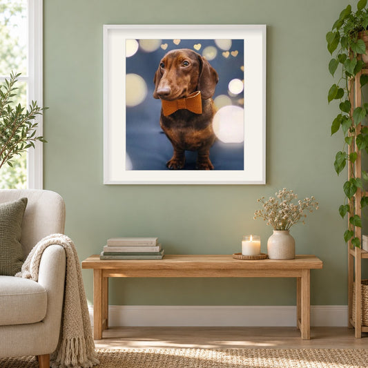 Dackel mit einer Fliege als gerahmtes Diamond Painting im Wohnzimmer