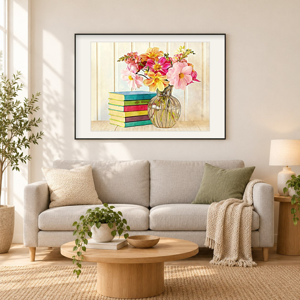 Dahlien und bunte Bücher - Kunst des Denise Dundon als gerahmtes Diamond Painting im Wohnzimmer