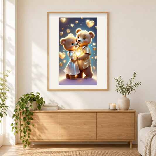 Tanzendes Bärenpaar als gerahmtes Diamond Painting im Wohnzimmer