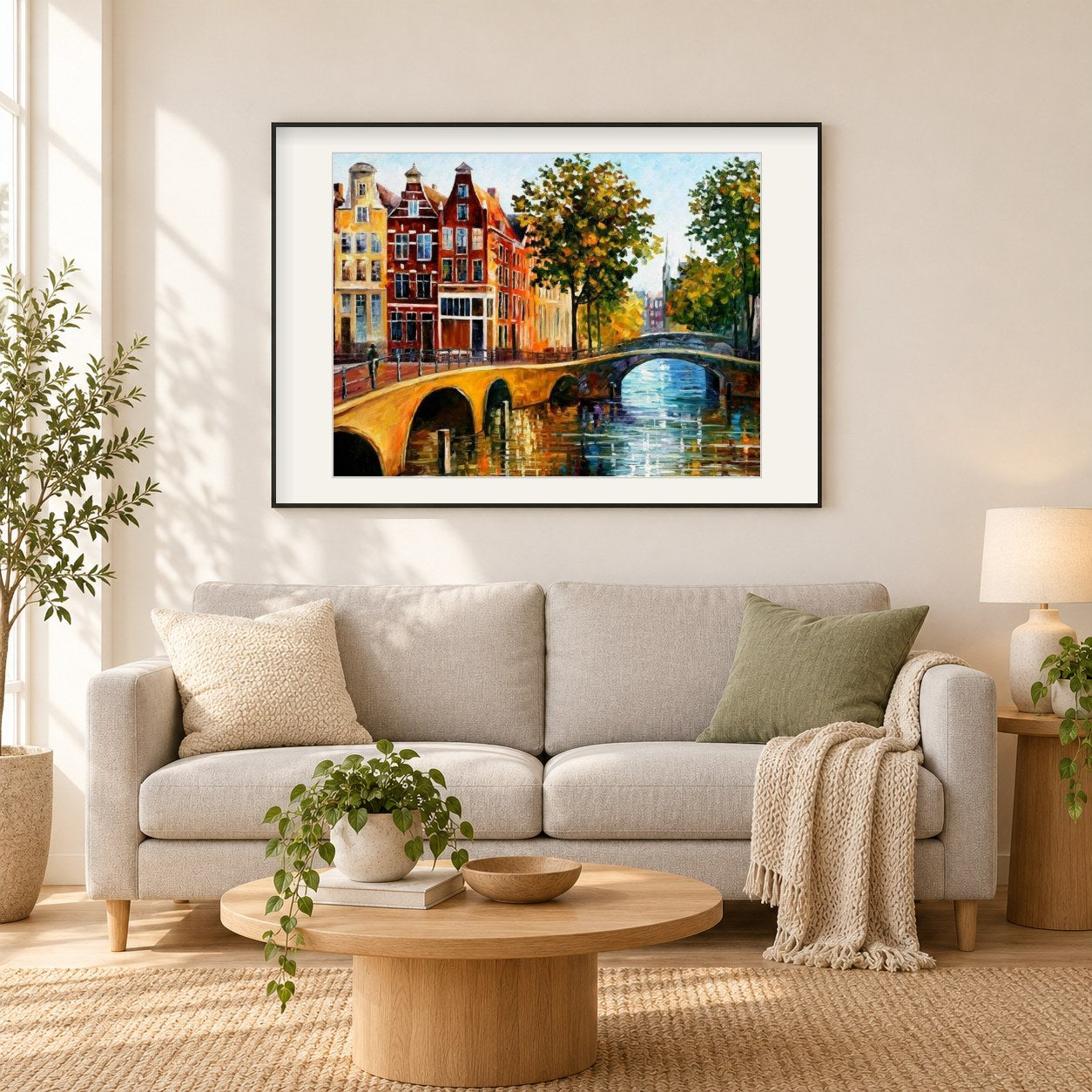 Das Tor nach Amsterdam - Leonid Afremov als gerahmtes Diamond Painting im Wohnzimmer