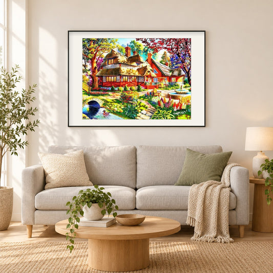 Das Traumhaus als gerahmtes Diamond Painting im Wohnzimmer