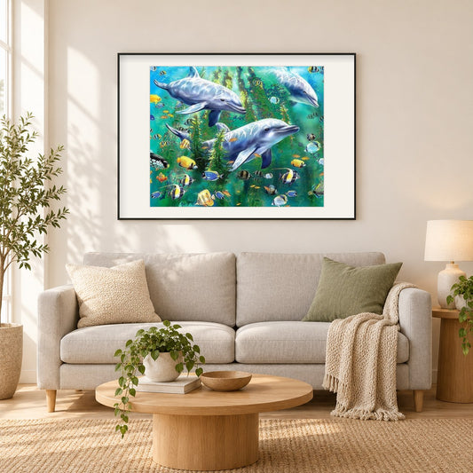 Delfine als gerahmtes Diamond Painting im Wohnzimmer