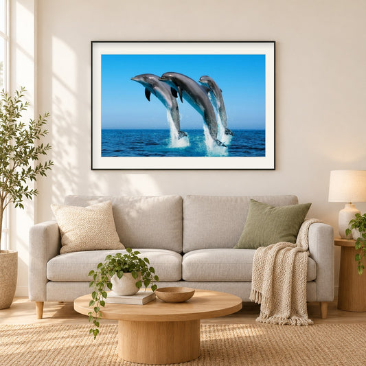 Delfine spielen im blauen Wasser als gerahmtes Diamond Painting im Wohnzimmer