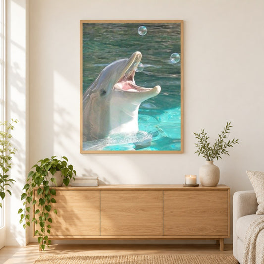 Delphin spielt mit Blasen als gerahmtes Diamond Painting im Wohnzimmer
