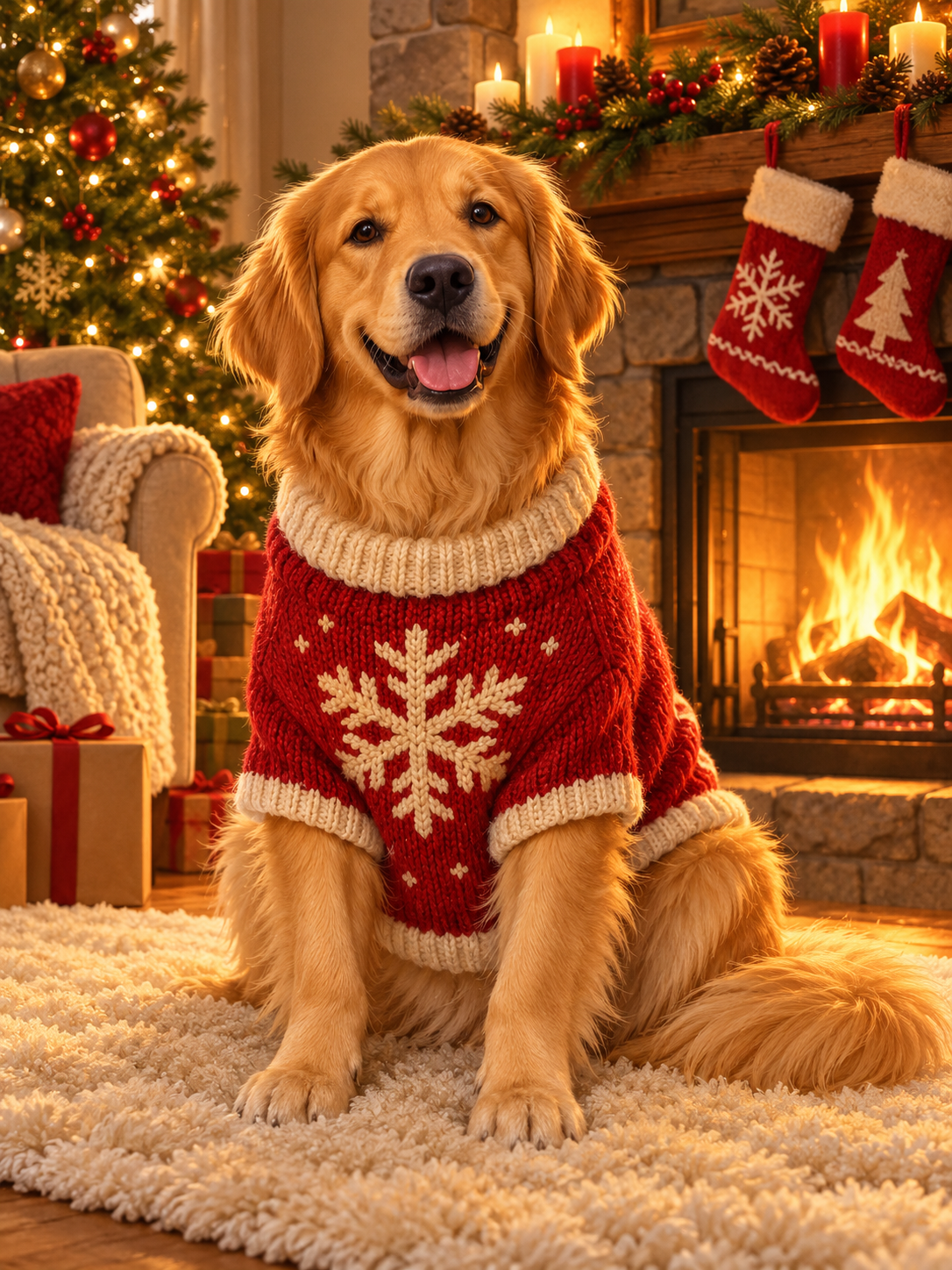 Diamond Painting Golden Retriever im roten Weihnachtspulli vor dem Kamin mit Weihnachtsbaum