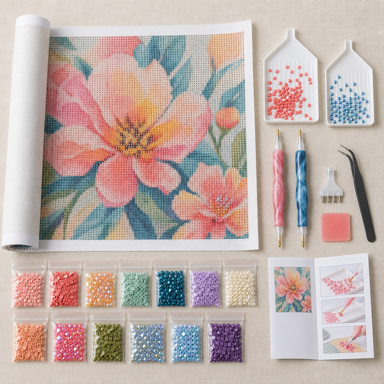 Lieferumfang Diamond Painting Set: Samtleinwand, Diamanten, Stifte, Pinzette, Wachs und Sortierschalen