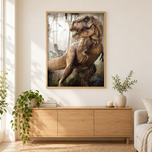 Dinosaurier als gerahmtes Diamond Painting im Wohnzimmer