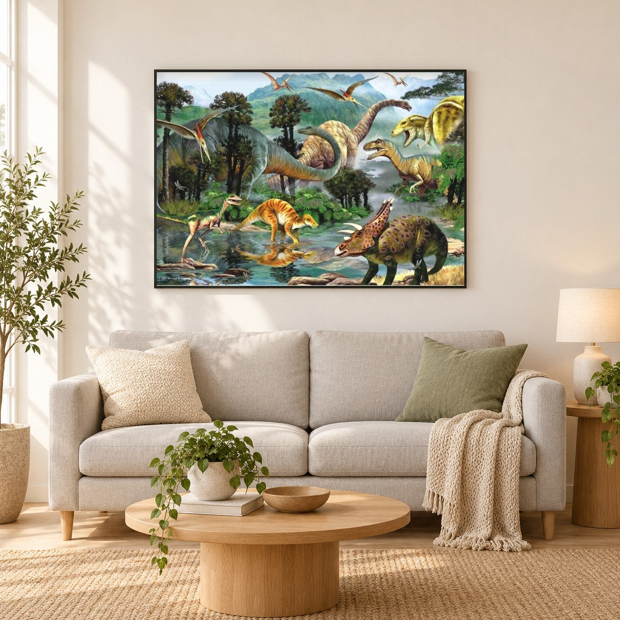 Dinosaurier Königreich als gerahmtes Diamond Painting im Wohnzimmer