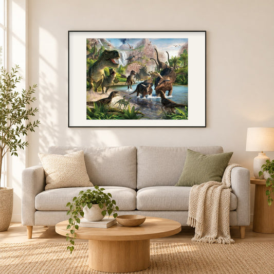 Dinosaurierarten als gerahmtes Diamond Painting im Wohnzimmer