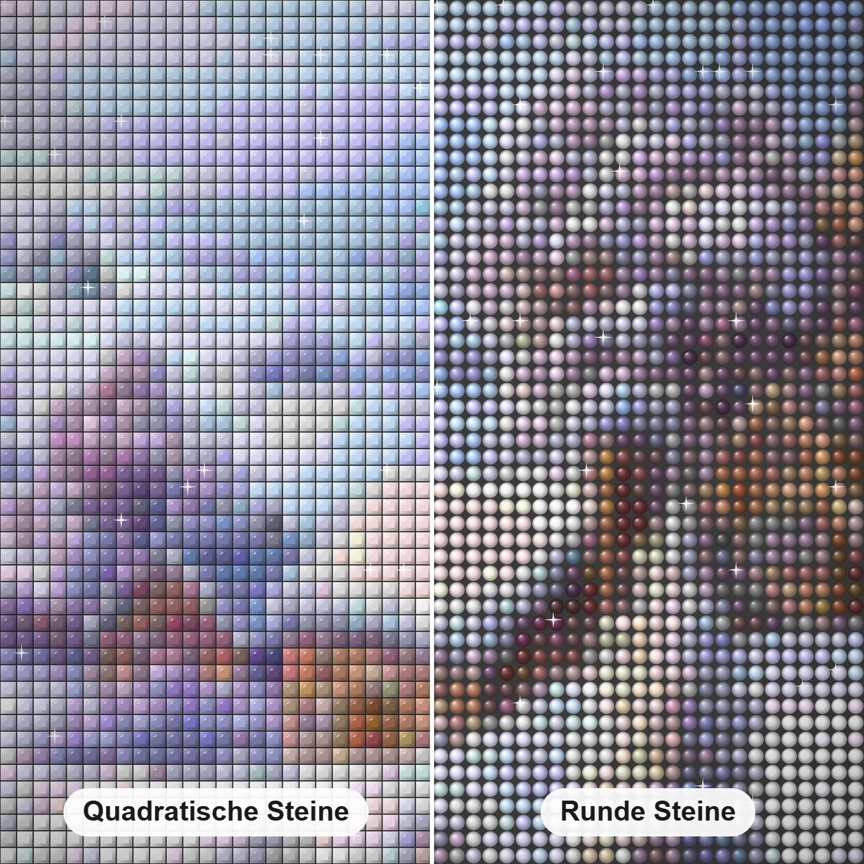 Dorf unter Schnee Diamond Painting Nahaufnahme mit quadratischen und runden Steinen