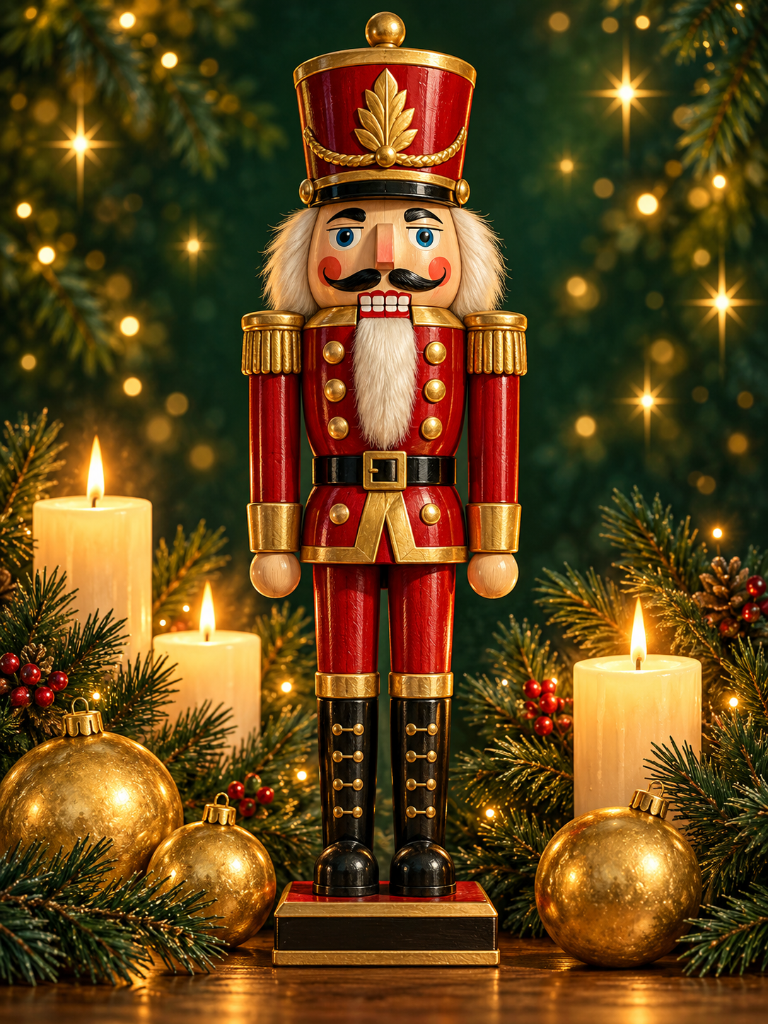 Diamond Painting Nussknacker in roter Uniform mit Gold zwischen Kerzen und goldenen Weihnachtskugeln