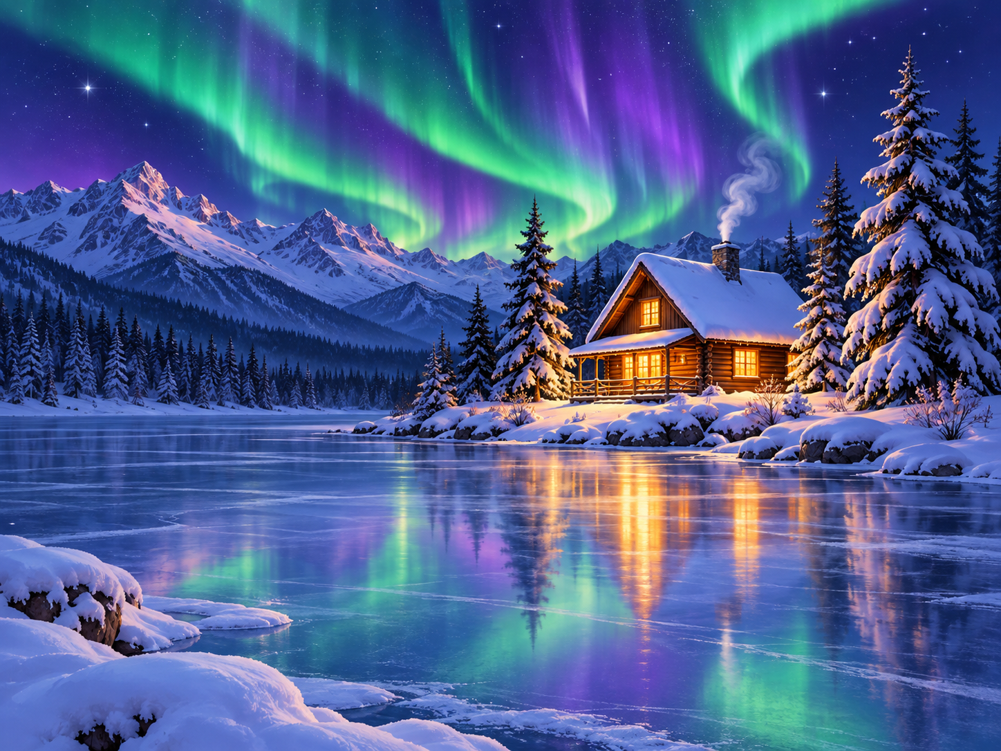 Diamond Painting Holzhütte am zugefrorenen See mit grünen und violetten Nordlichtern über den Bergen