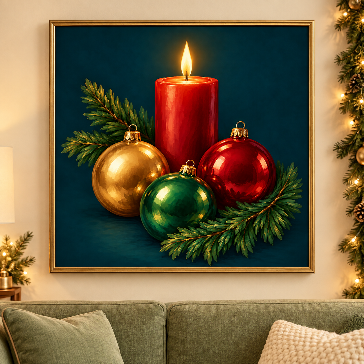 Diamond Painting Weihnachtskerze mit Christbaumkugeln gerahmt als Wandbild im weihnachtlichen Wohnzimmer