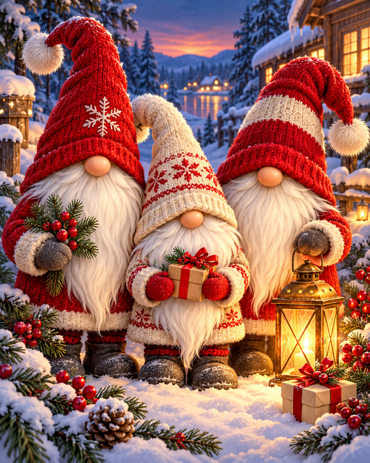 Diamond Painting Drei Wichtel mit roten Strickmützen und weißen Bärten mit Geschenk und Laterne im Schnee