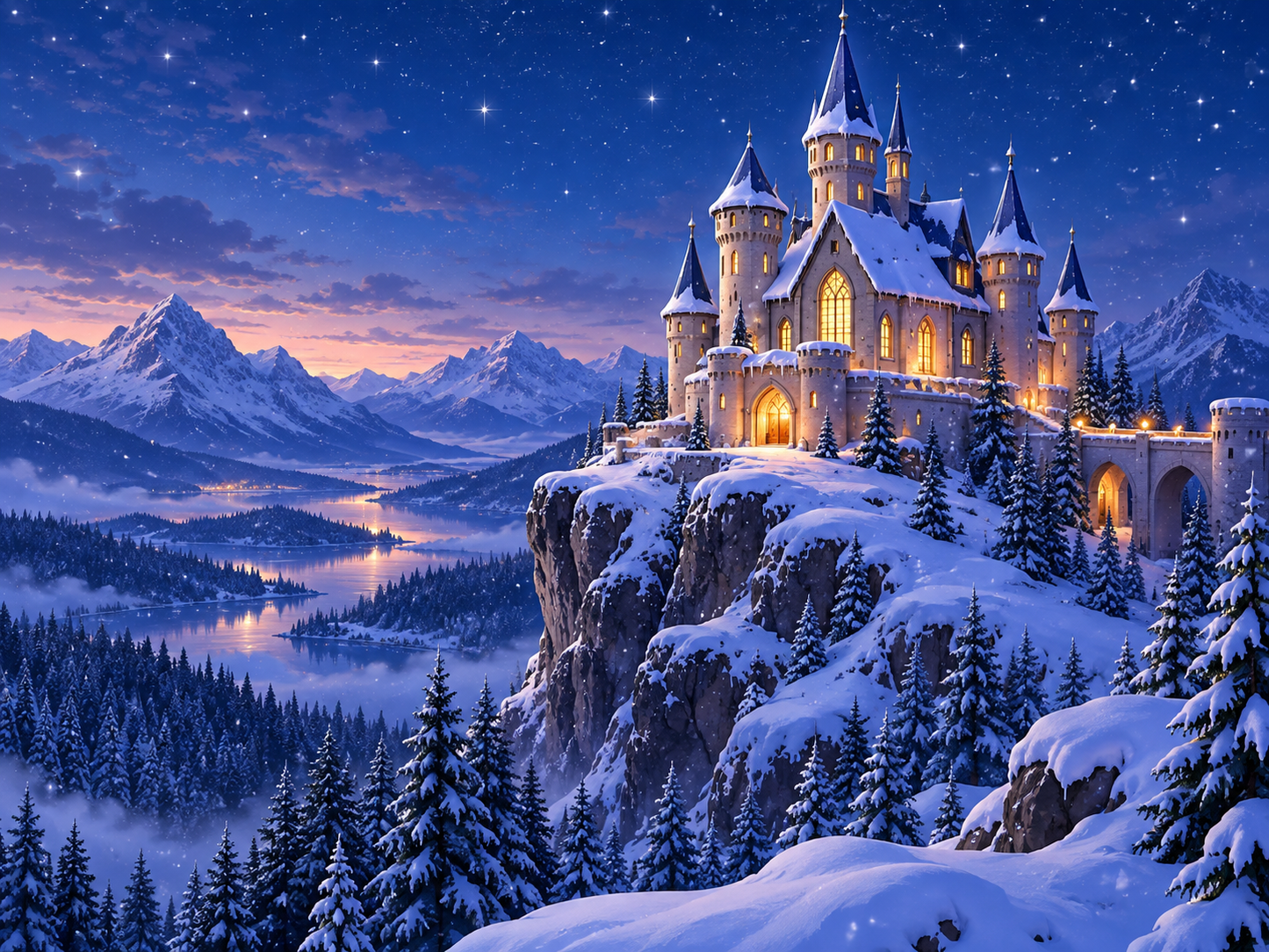 Diamond Painting Verschneites Märchenschloss mit leuchtenden Fenstern auf einem Felsen unter dem Sternenhimmel