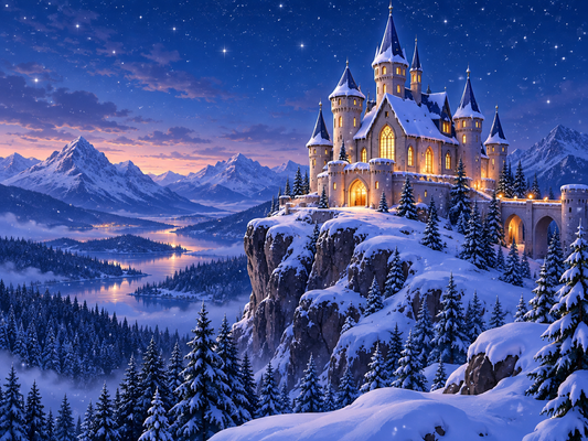 Diamond Painting Verschneites Märchenschloss mit leuchtenden Fenstern auf einem Felsen unter dem Sternenhimmel