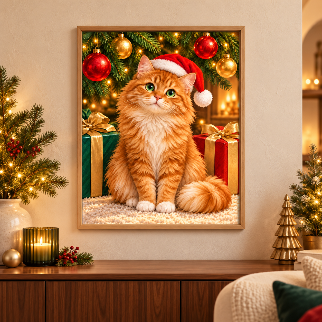 Diamond Painting Katze unterm Weihnachtsbaum gerahmt als Wandbild im weihnachtlichen Wohnzimmer