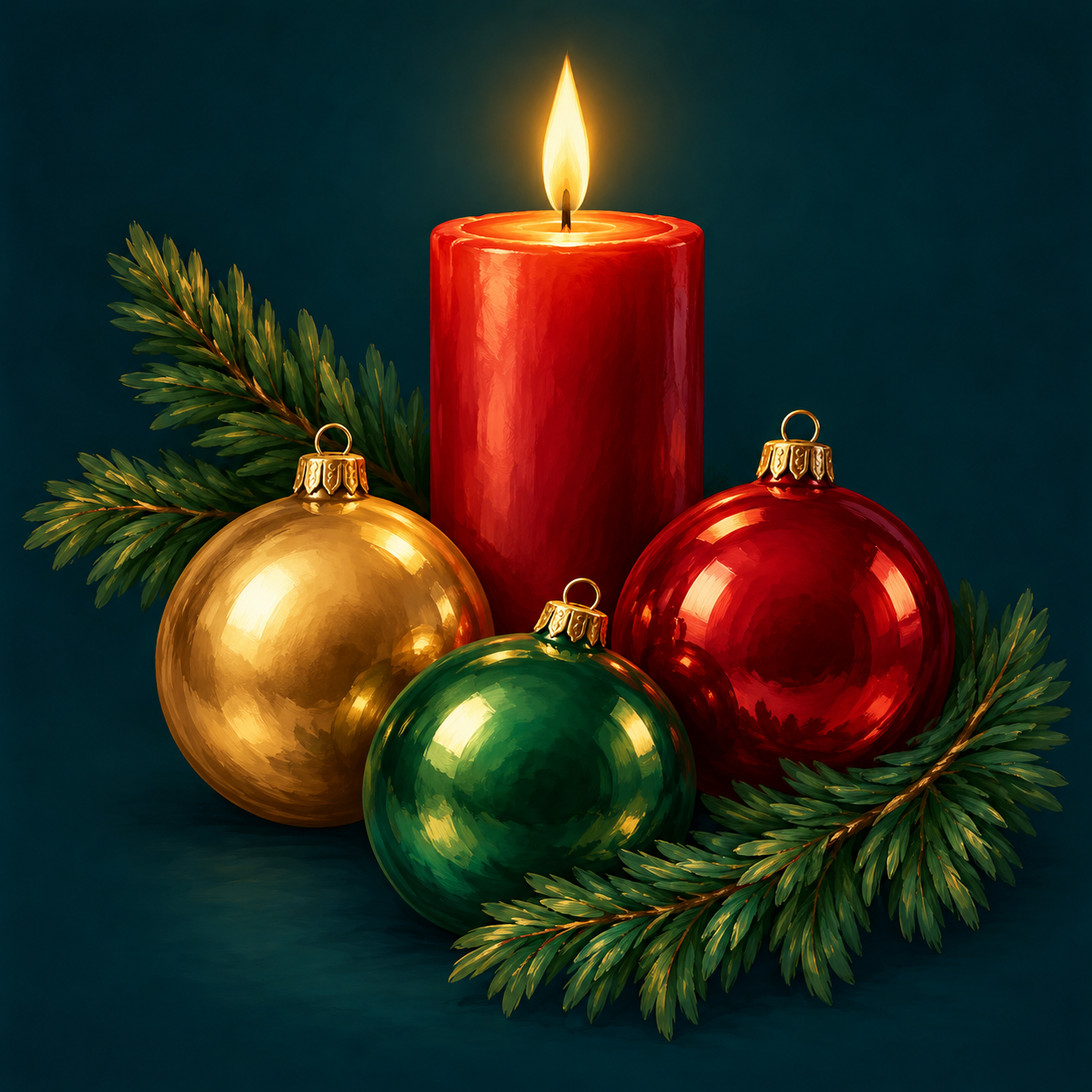 Diamond Painting Rote Weihnachtskerze mit goldenen, roten und grünen Christbaumkugeln und Tannenzweigen